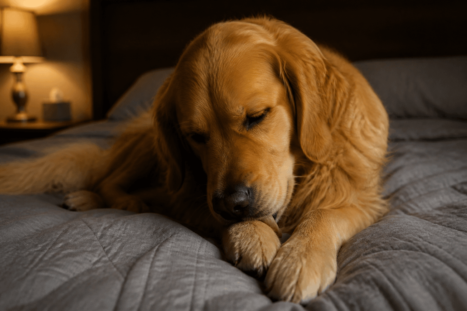 Cão deitado à noite lambendo suavemente uma das patas dianteiras