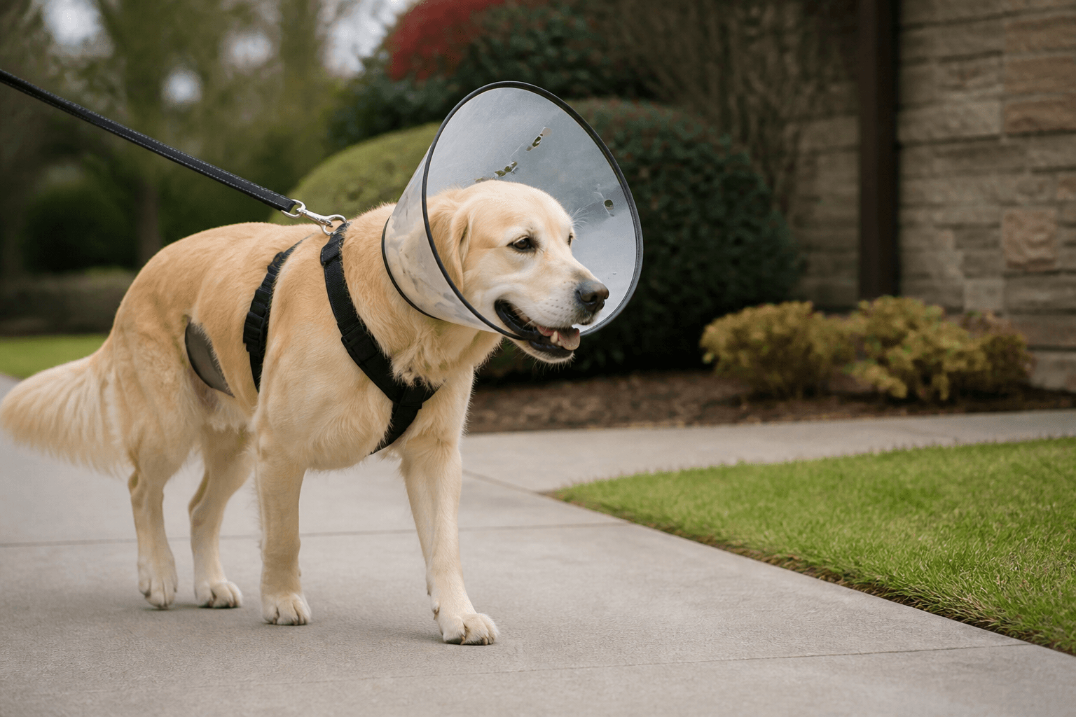 Cão passeando calmamente na guia após liberação veterinária da castração