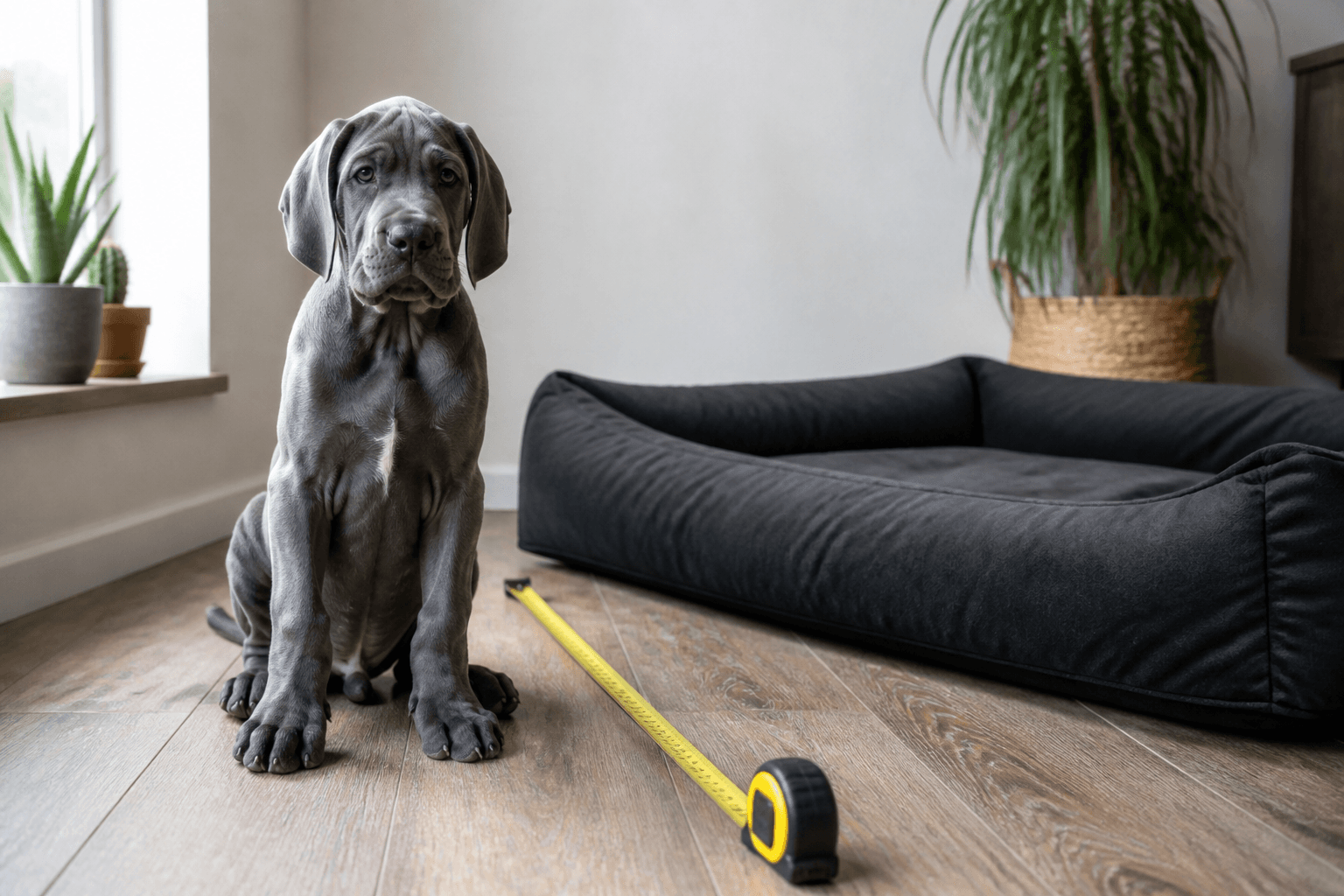 Filhote de dogue alemão ao lado de cama grande e fita métrica, mostrando a escala do porte adulto