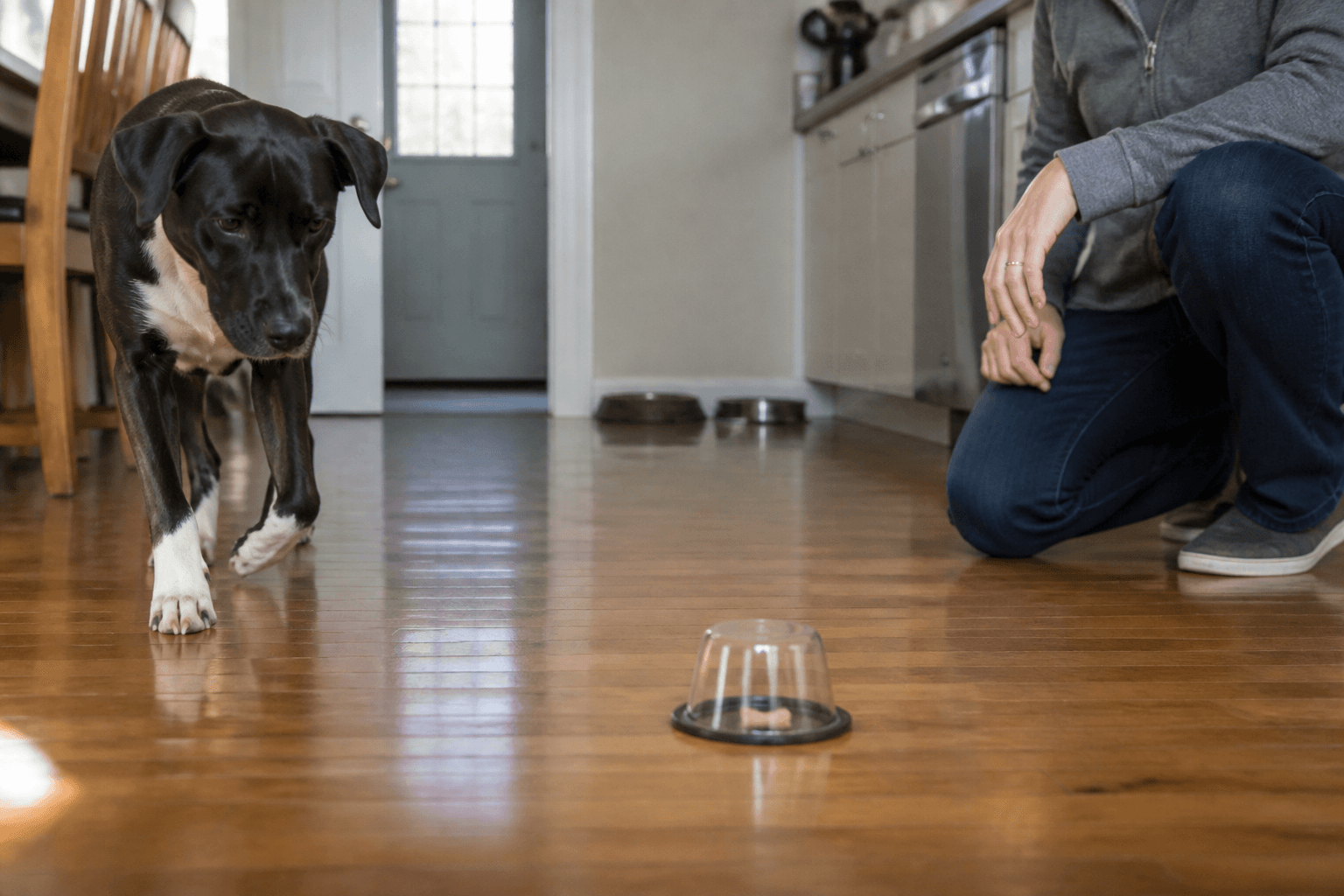 Cão se afastando voluntariamente de um petisco coberto no chão
