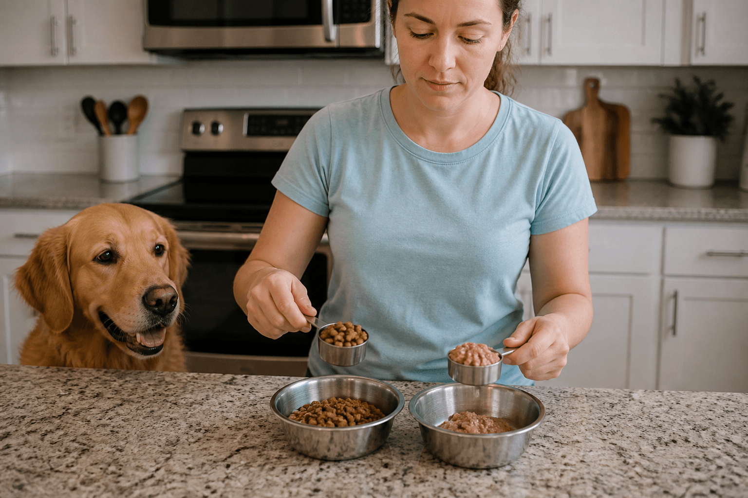 Tutor medindo porções de alimentos seco e úmido para o cão