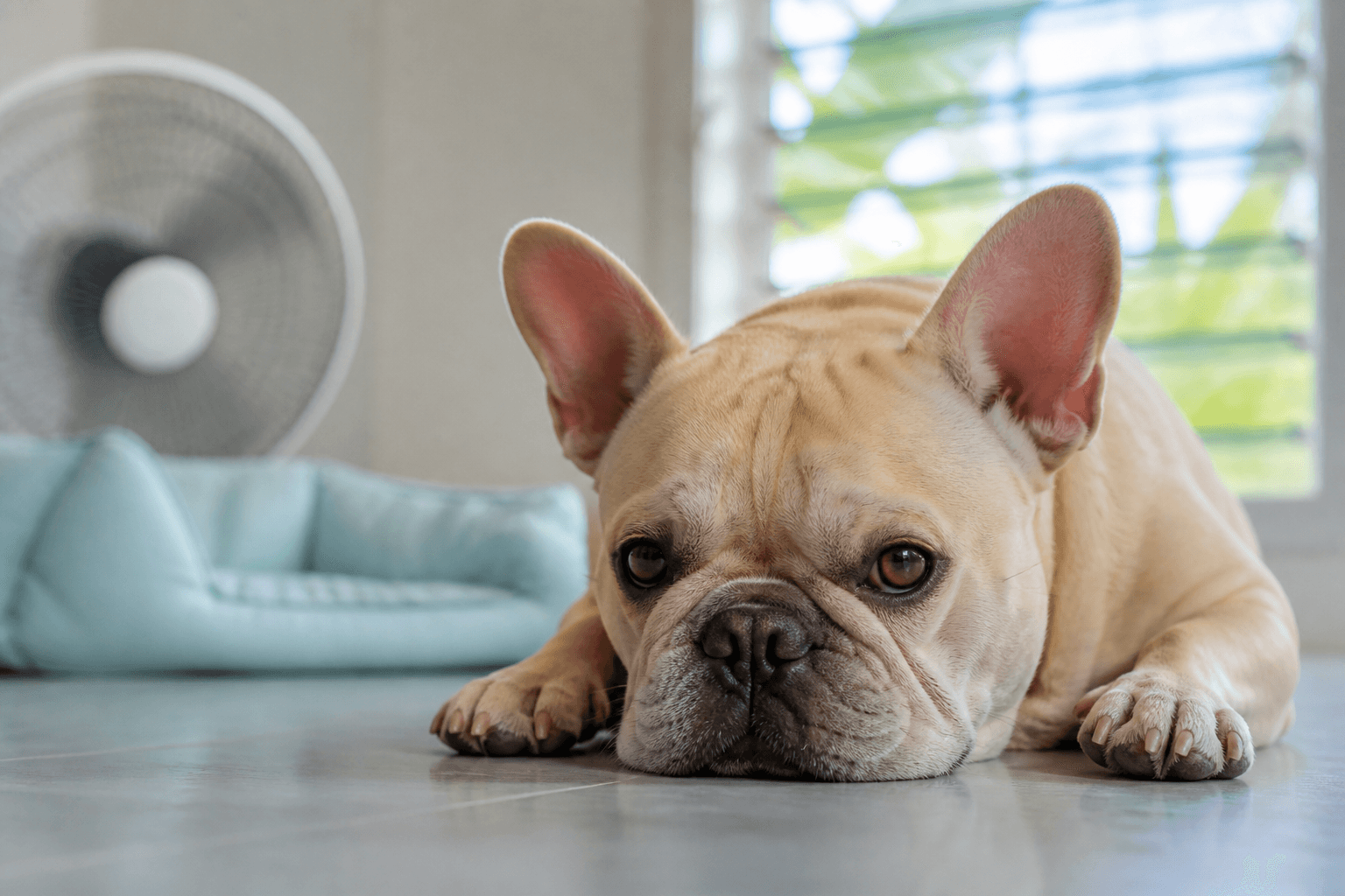 Cão braquicefálico descansando em ambiente interno fresco e ventilado